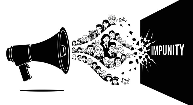 A megaphone amplifies the voices of a diverse crowd of people, collectively breaking down the concept of impunity.