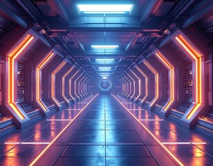 Futuristic corridor with glowing orange and blue lights, metallic textures, and perspective