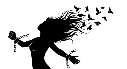 Silhouette of a woman breaking free from chains, with birds flying away.
