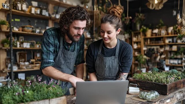 Couple working together in a cozy flower shop using a laptop to plan for upcoming events in spring