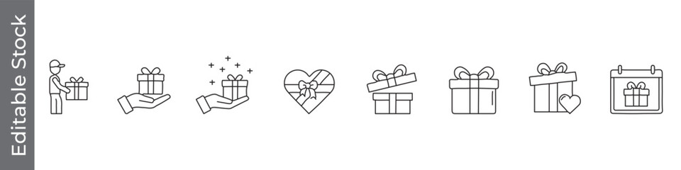 Gift and present line icon set – editable outline symbols of delivery, hand, heart, box, ribbon and calendar