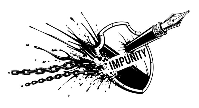 A fountain pen pierces a shield labeled 'Impunity,' shattering chains in a powerful black and white illustration.