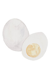 Hand-painted watercolor whole egg with half egg showing bright yolk. Ideal for cooking blogs, recipe cards, breakfast graphics, and farm illustrations.