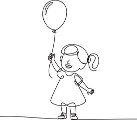 Continuous Line Art Illustration of Little Girl Holding Balloon
