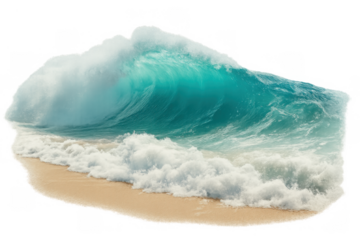 Powerful ocean wave breaking on sandy beach creating white foam, clean water motion, transparent background