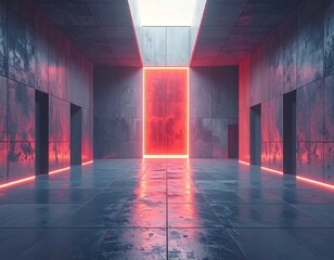 Futuristic, minimalist corridor with glowing red accents, concrete walls, reflecting floor