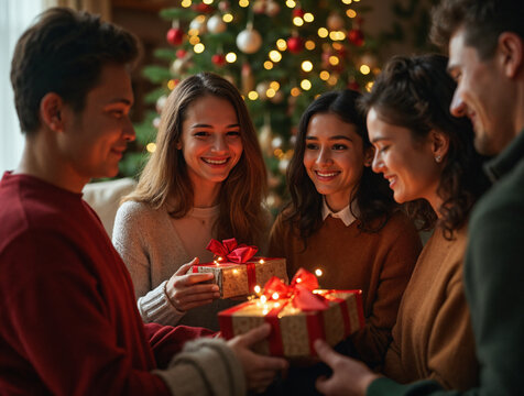 Grupo de j&oacute;venes intercambiando regalos frente al &aacute;rbol de Navidad