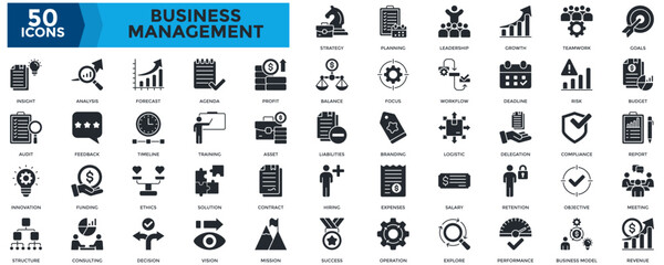 Business Management icon set. Containing strategy, planning, leadership, profit, teamwork, goals, budget, objective, structure, delegation, compliance icon. Glyph style