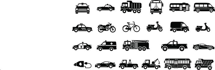 Naklejka premium Set of various transportation vehicles and public transport black silhouette icons isolated on white background