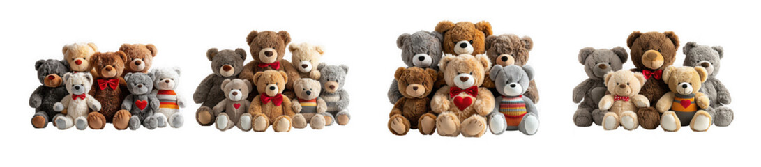 Group of adorable teddy bears isolated on transparent background, creating a heartwarming scene of friendship, comfort, and childhood innocence