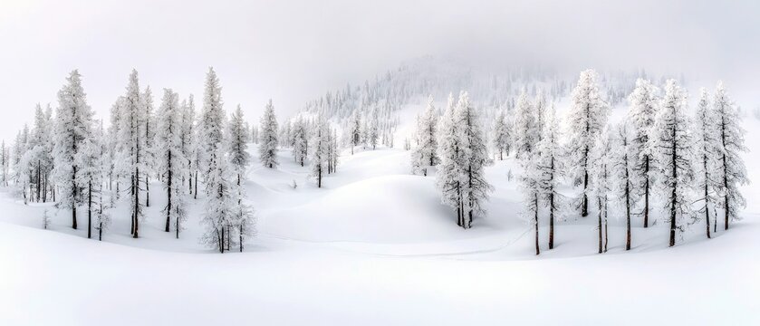A serene winter landscape featuring a dense forest of snow-laden trees under a misty sky.