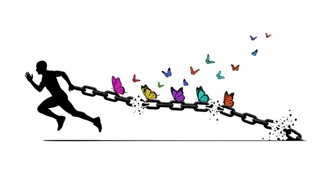 Silhouette of a person running away from broken chains with butterflies flying out.