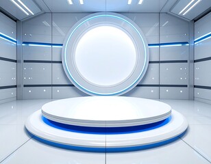 Futuristic stage design in a white, minimalist environment with a circular display and bright light