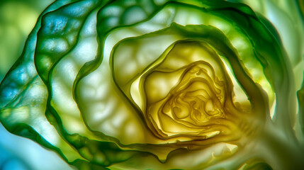 Obraz premium Close-up abstract view of green cabbage layers with backlighting, showcasing organic texture and natural patterns