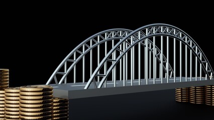 A 3D rendering of a steel truss arch bridge supported by large piles of gold coins, symbolizing funding, financial security, or bridging a financial gap.