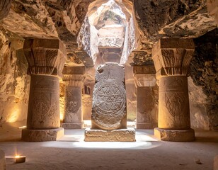 Ancient sandstone chambers lit by natural overhead opening