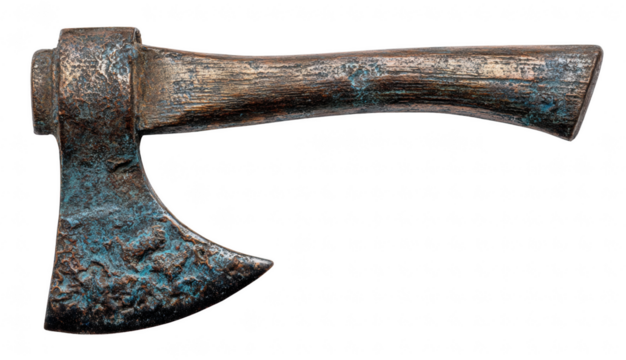 Top view of an old iron axe head with aged patina, isolated on transparent background, historical weapon concept, detailed corrosion - Powered by Adobe