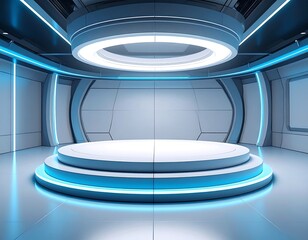 Futuristic stage with circular platform, lit with neon blue lights, modern interior design