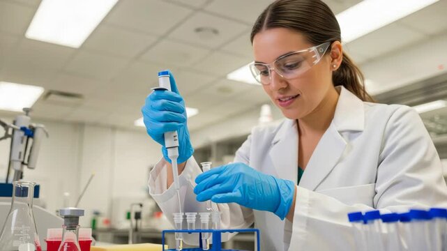 Young laboratory scientist researcher woman lab coat and safety glasses with gloves using pipette and test tubes performing focused pipetting experiment exploring therapy genetics advance research lab