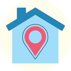 House Icon With Location Pin Inside Light Blue Building Outline On Cream Circular Background Simple Flat Design