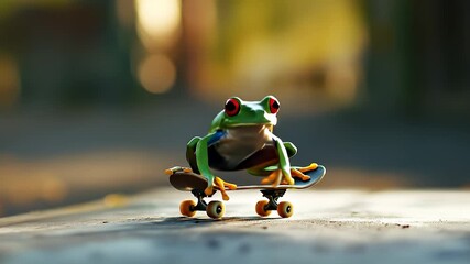A vibrant green frog balances confidently on a skateboard, showcasing its skillful stance. The frog's bright colors and playful expression add charm to the lively skateboarding sce - Powered by Adobe