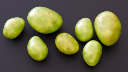 A 3d rendering of green and unripe potatoes, its presence is a sign that the potato has produced elevated levels of a natural toxin called Solanine.