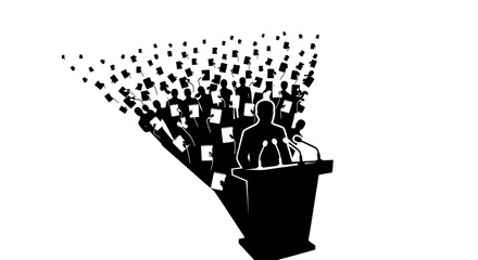 Silhouette of a speaker at a podium with an audience dissolving into particles.