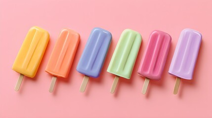 Minimal summer concept with colorful frozen popsicle placed on pastel pink backdrop, flat lay composition --ar 16:9