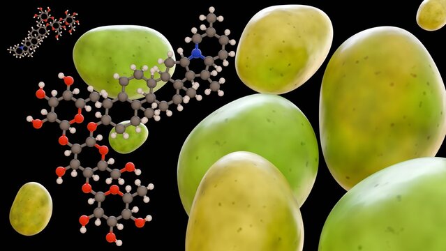 A 3D rendering of green, unripe potatoes featuring the complex molecular structure of solanine, intended to illustrate the chemical link between the potatoes' greening and their solanine content.