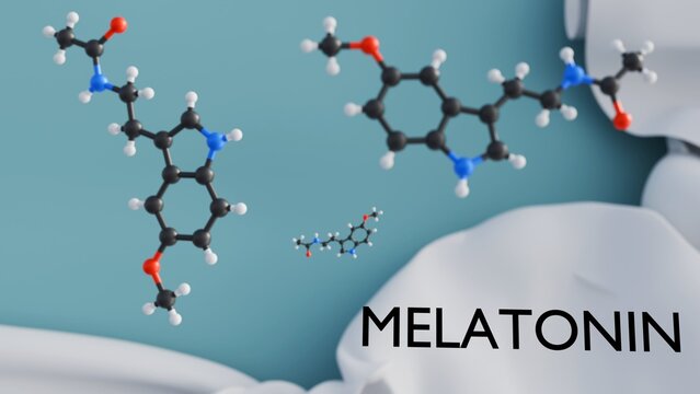 3D rendering of Melatonin, the sleep hormone. A soft bed background hints at its role in circadian rhythm regulation.