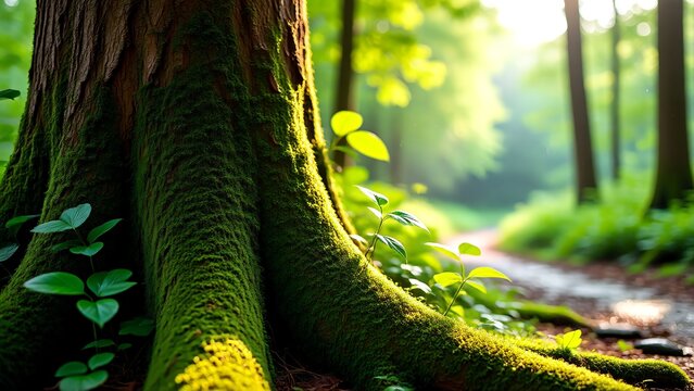 Majestic ancient tree trunk covered in lush green moss, bathed in the warm golden sunlight filtering through the forest canopy, with a winding path leading into the tranquil woods