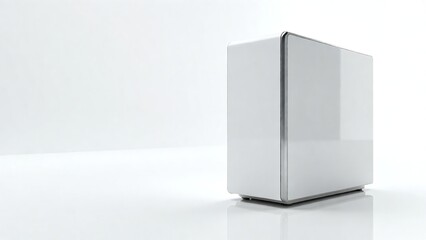 Elegant white rectangular box with a polished glossy surface, representing a modern technological device like a server, isolated on a minimalist white background with copy space