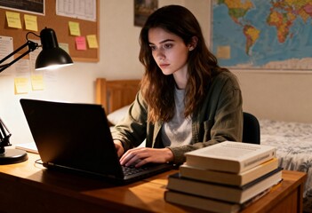 college girl doing homework on laptop in cozy bedroom study space