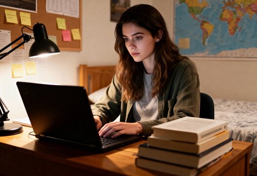 college girl doing homework on laptop in cozy bedroom study space