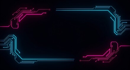 Futuristic, stylized electronic circuit frame, with pink and blue neon outlines on black