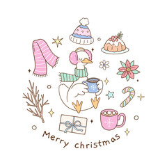 Draw vector cute goose with element cozy winter Christmas season Trendy animal Doodle cartoon illustration © anchalee