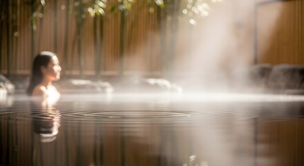 Onsen spa, Woman relaxing in onsen hot spring with steam rising from water