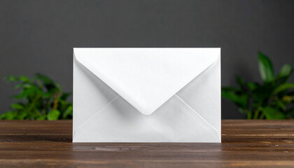 Blank white envelope on wooden table, blurred green plant, minimalistic composition, product mock-up