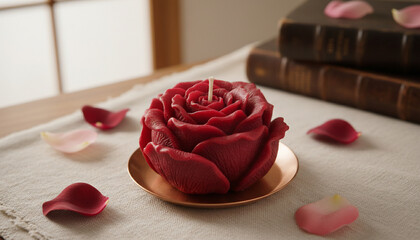A beautifully crafted, rose-shaped candle sits with scattered petals, next to antique books.