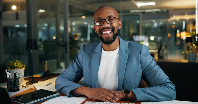 Portrait, business and black man in office at night of career pride, about us and accountant. Smile, male person and confident as finance consultant, ambition and working late for investment deadline - Powered by Adobe