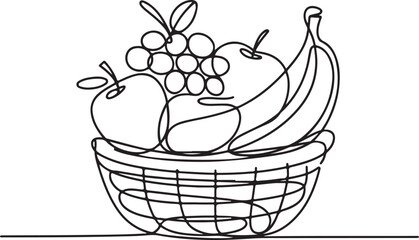 Continuous Line Art Illustration of Basket of Fruits