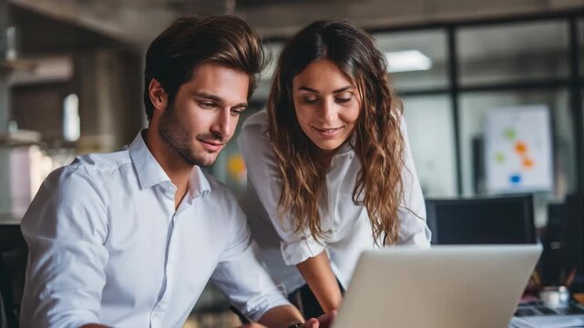 Young professionals collaborate over laptop in modern office space during daytime