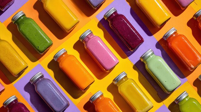 Vibrant smoothie bottles arranged on colorful background - Powered by Adobe