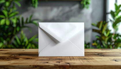 Blank white envelope on wooden table, blurred green plant, minimalistic composition, product mock-up