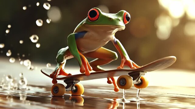 A vibrant frog rides on a skateboard, poised confidently as water splashes around it. This colorful frog showcases its athletic stance, embodying playful energy in the scene.