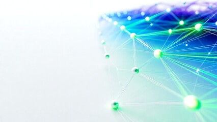 Glowing green and blue plexus structure of interconnected spheres, an abstract visualization of network technology and big data communication on a minimalist white background with copy space