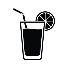 Simple black and white icon of a refreshing drink with straw and lemon slice