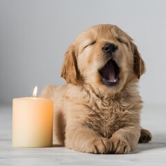 Puppy yawns by candle