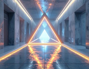 Futuristic symmetrical corridor with neon lights and a triangular portal at the end