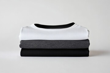 Stacking pile of folded blank black, grey, gray, and white t-shirts with a round neck and a white background cutout. A mockup template for graphic design artwork,

